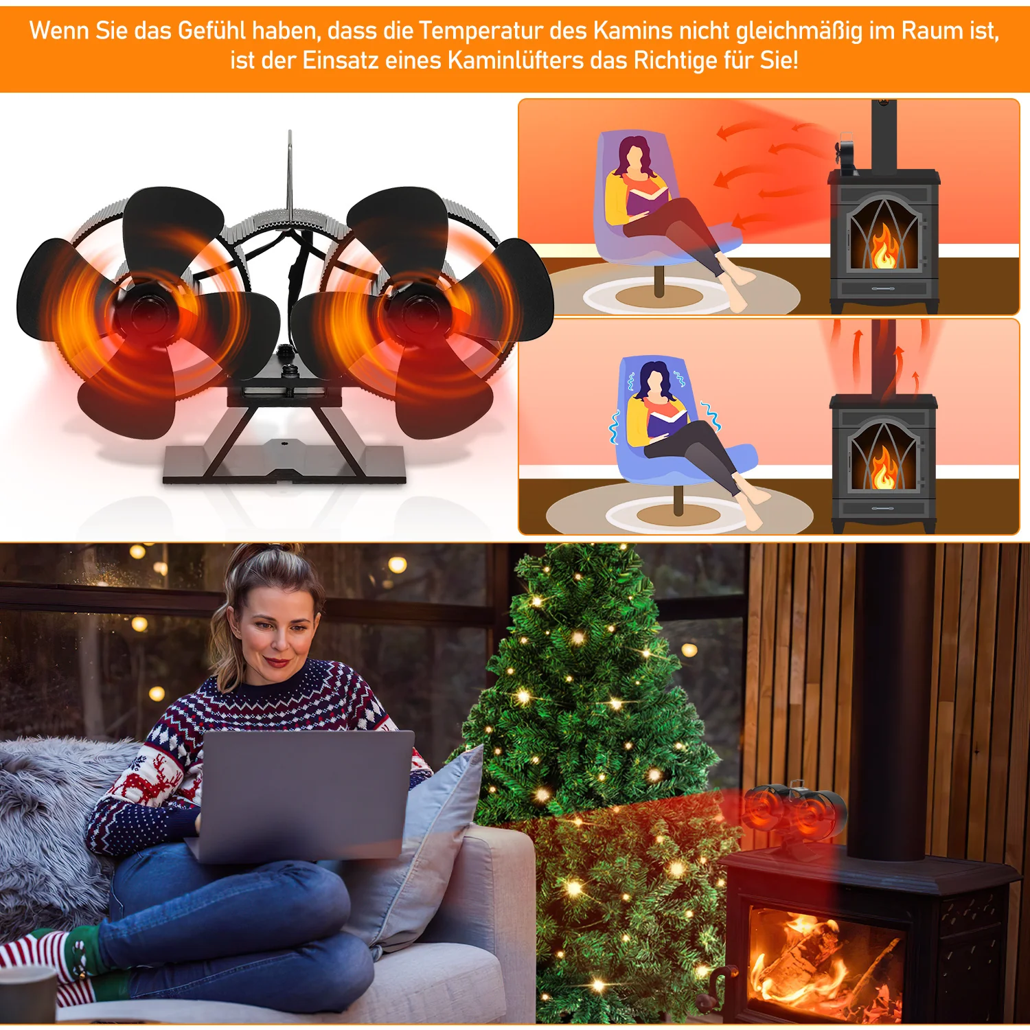 8 Blättern Kaminventilator mit Thermometer