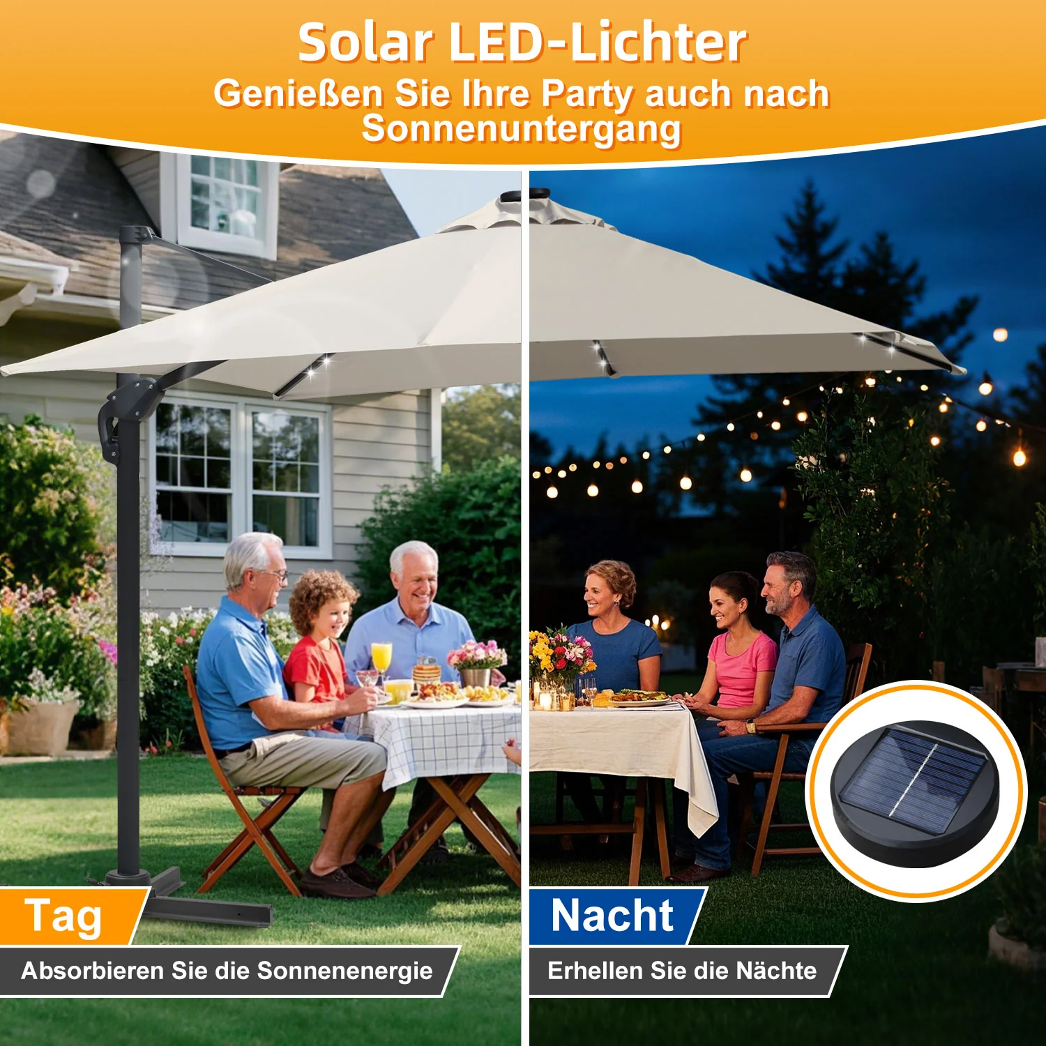 Ampelschirm 300 x 300 cm Sonnenschirm 360° Drehbar mit Solar-LED