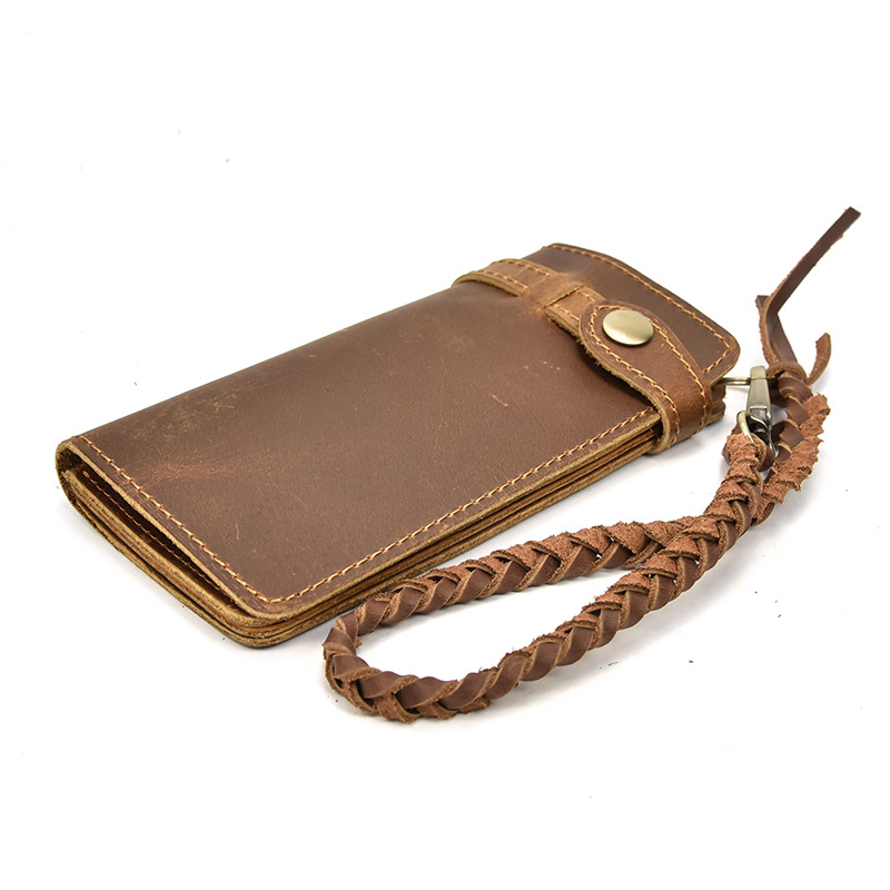 Vintage Leather Button-Closure Key Braided Strap Wallet