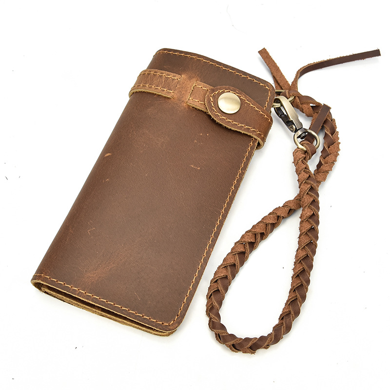 Vintage Leather Button-Closure Key Braided Strap Wallet