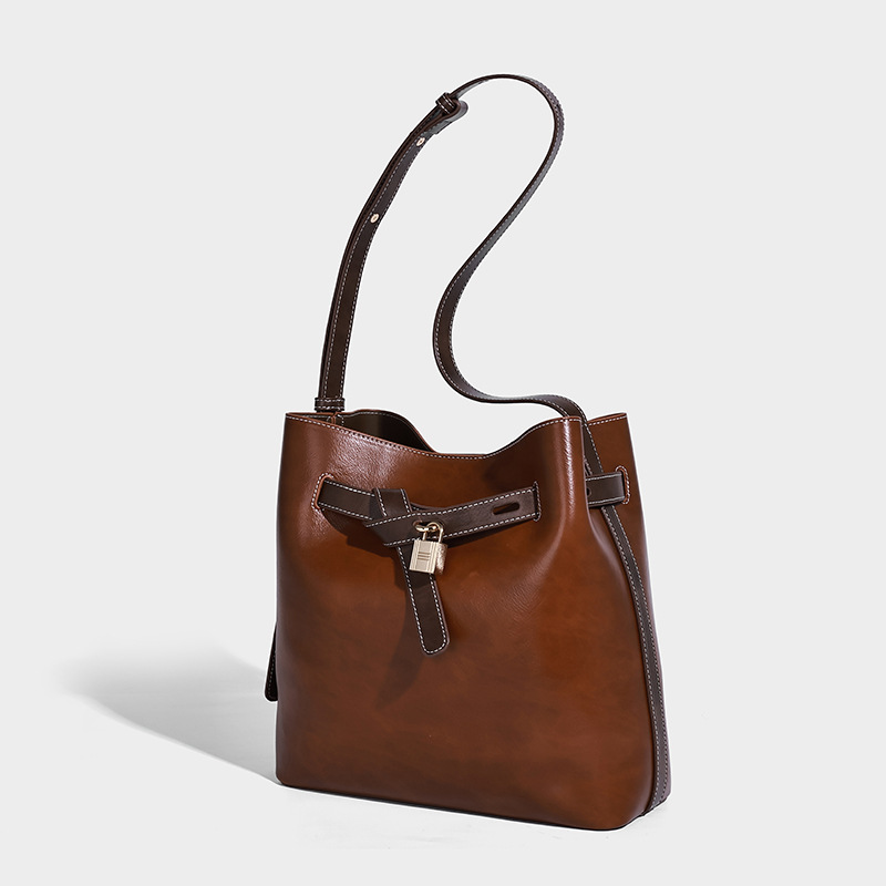 Secure Lock Leather Bucket Shoulder Bag