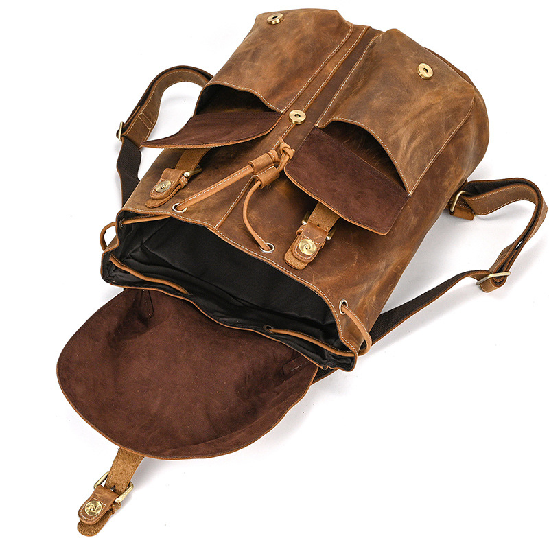 Vintage Leather Flap Backpack with Buckle Pockets