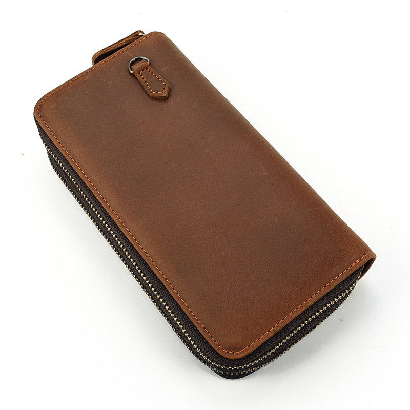 Zippered Wrist-Strap Leather Long Wallet
