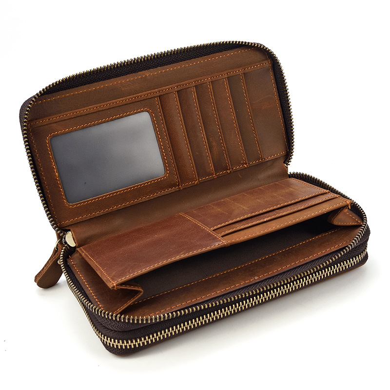 Zippered Wrist-Strap Leather Long Wallet