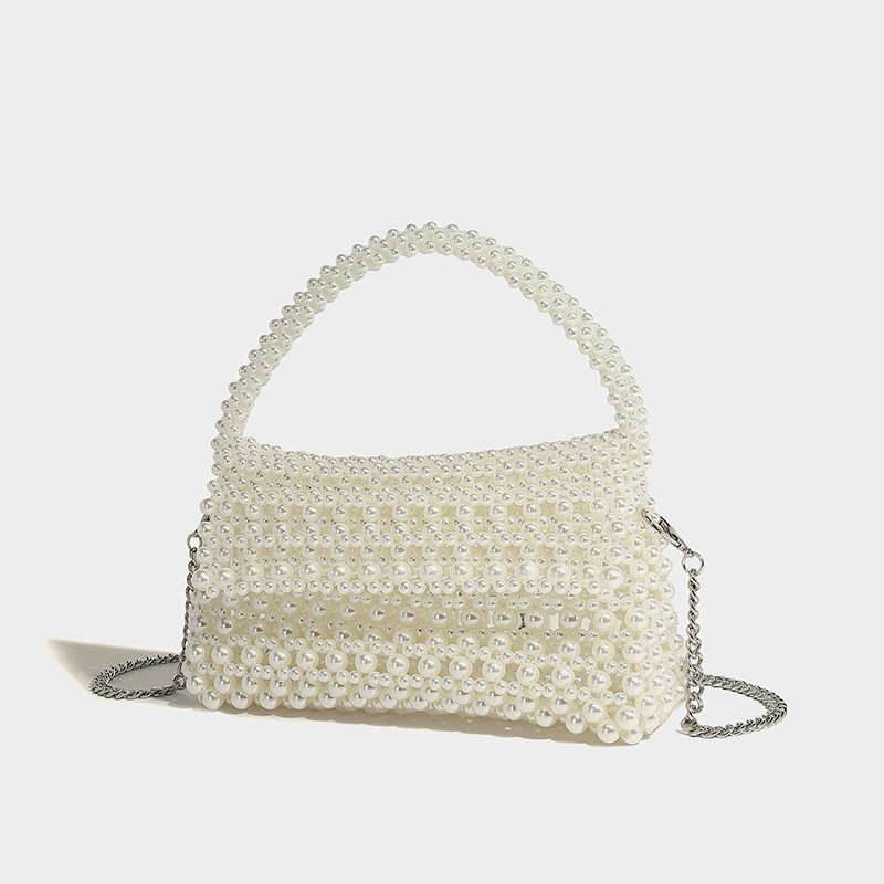 Slim Pearl Beaded Evening Bag with Chain Strap