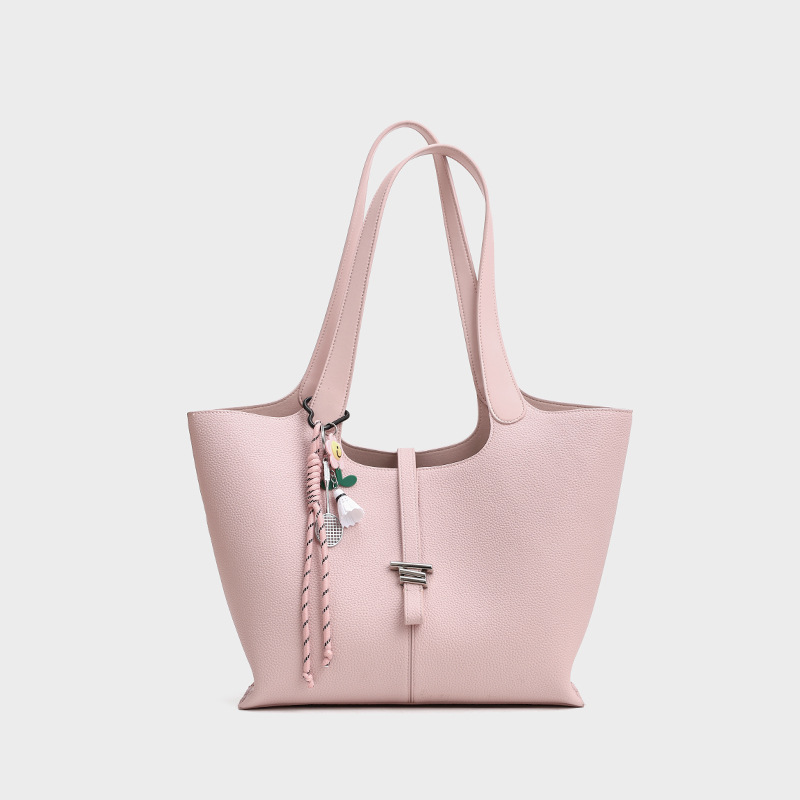Soft Pink Leather Minimal Lock Detail Tote Bag