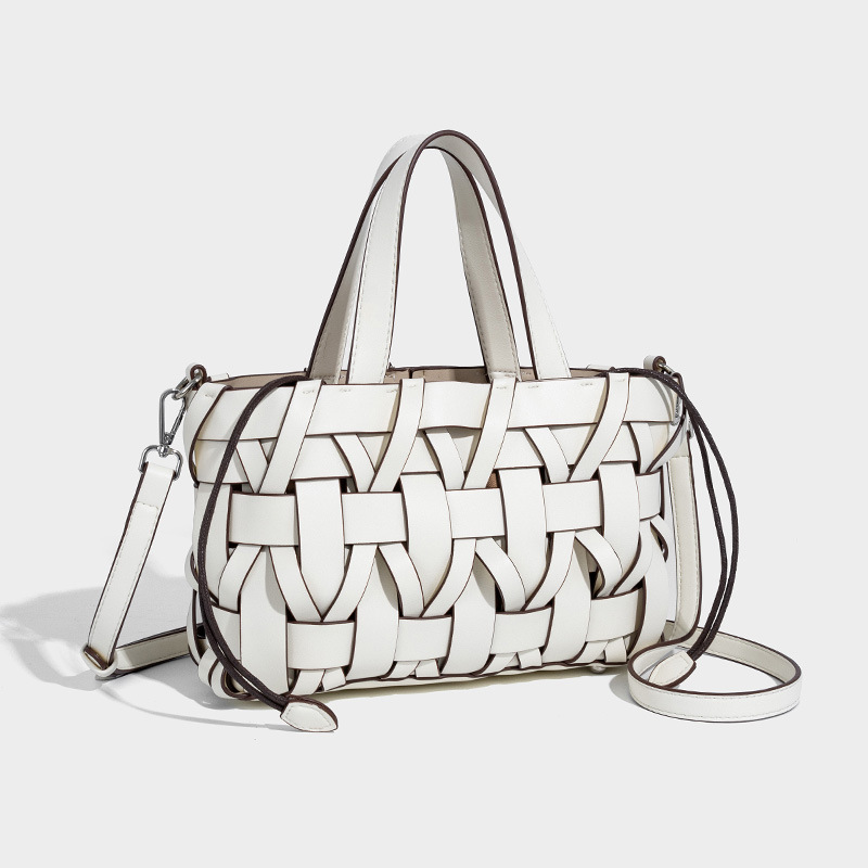 Woven Leather Top Drawstring Detail Handle Bag