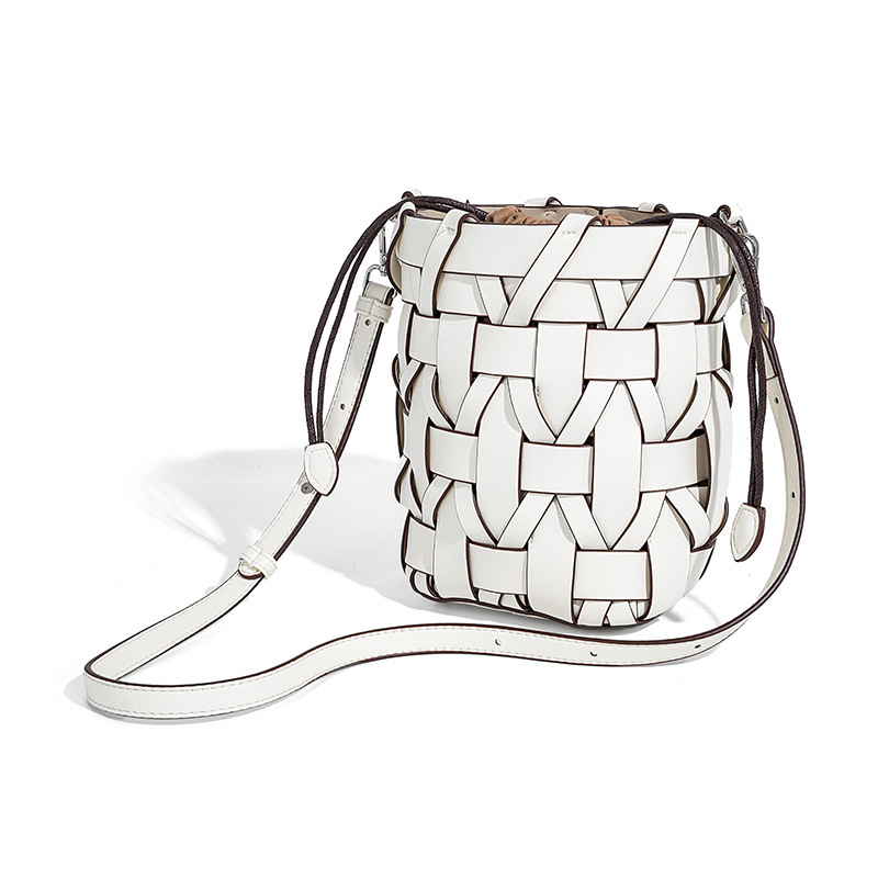 Woven Leather Drawstring Bucket Crossbody Bag