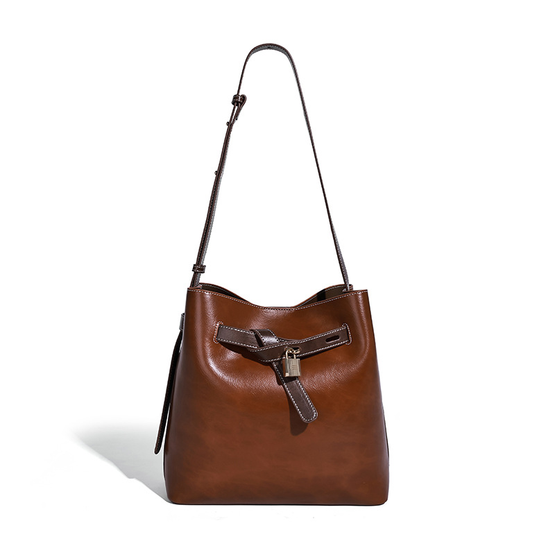 Secure Lock Leather Bucket Shoulder Bag