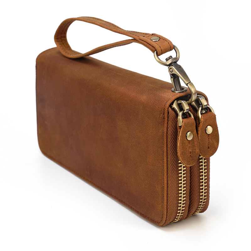 Vintage Leather Double-Zip Wristlet Wallet