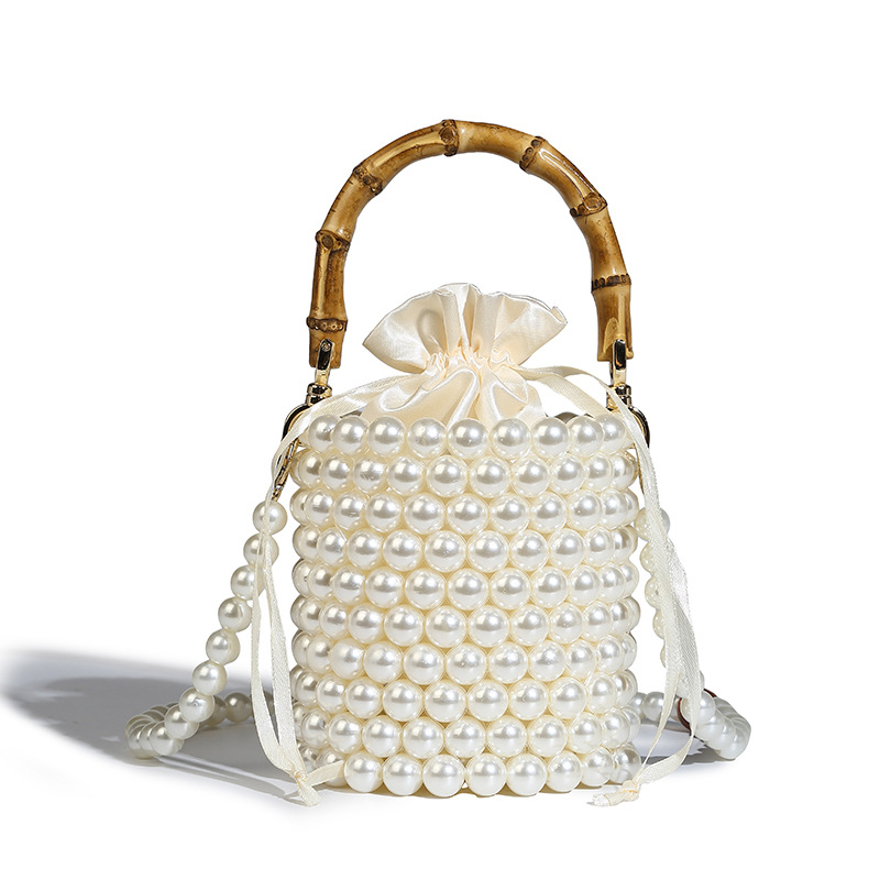 Pearl Embellished Bamboo Handle Evening Bag
