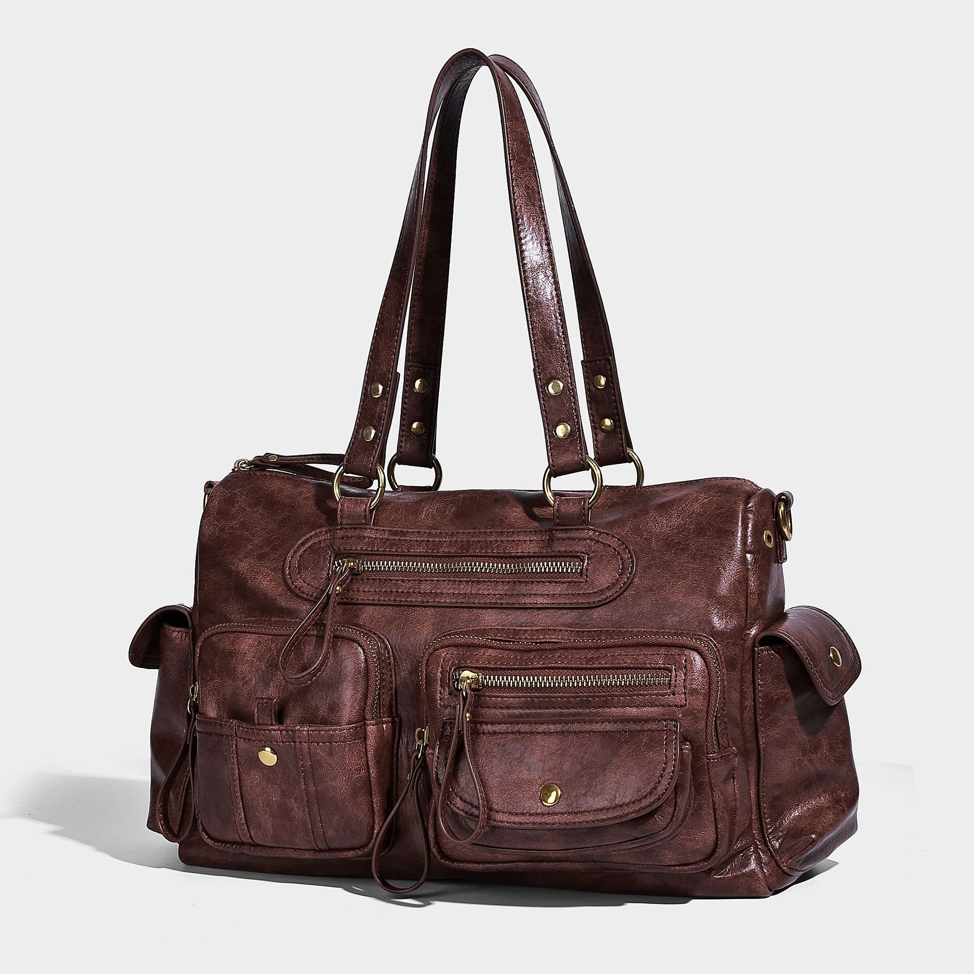 Vintage Multi-Pocket Leather Tote Shoulder Bag