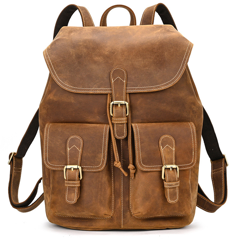 Vintage Leather Flap Backpack with Buckle Pockets
