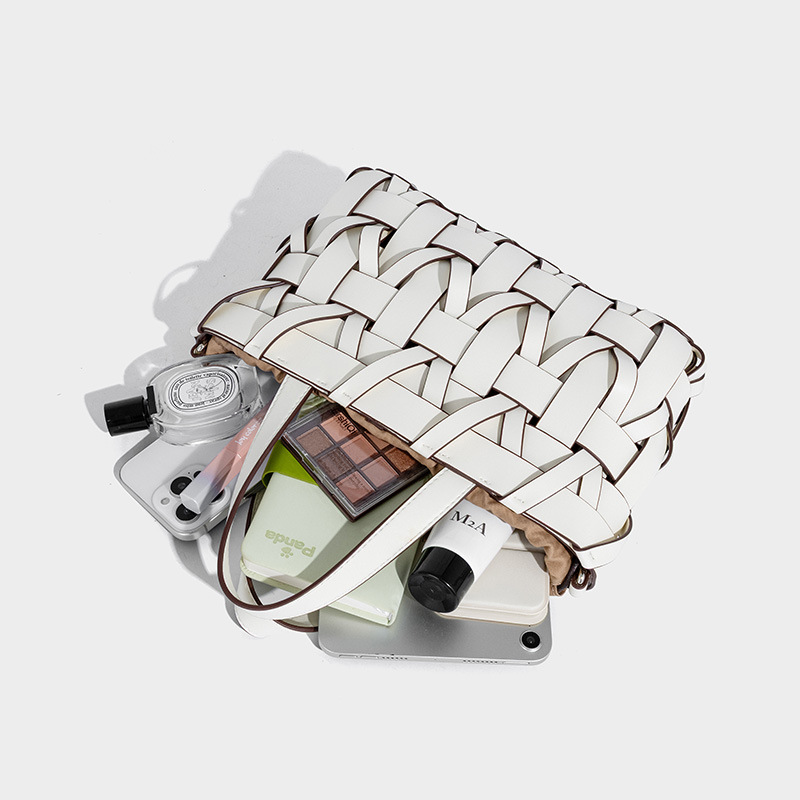 Woven Leather Top Drawstring Detail Handle Bag
