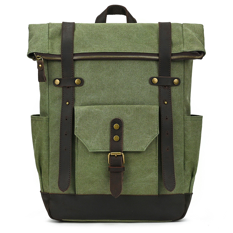 Olive Green Utility Canvas & Leather Backpack