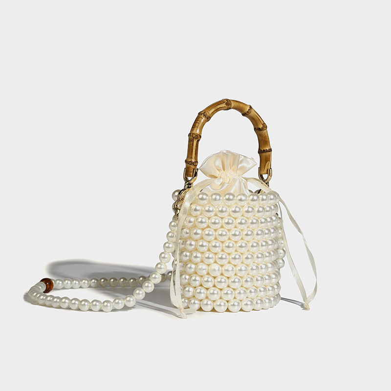 Pearl Embellished Bamboo Handle Evening Bag