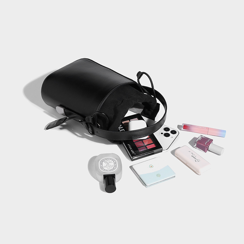 Compact Leather Drawstring Bucket Bag