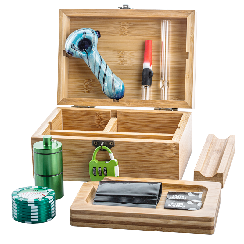 Stash Box Lock Green w/ Glass Pipe Silicone Hitter Chillum Set