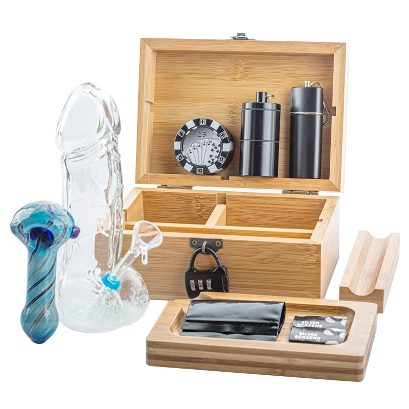 Wooden Stash Box Lock w/ Penis Bong Glass Pipe Set