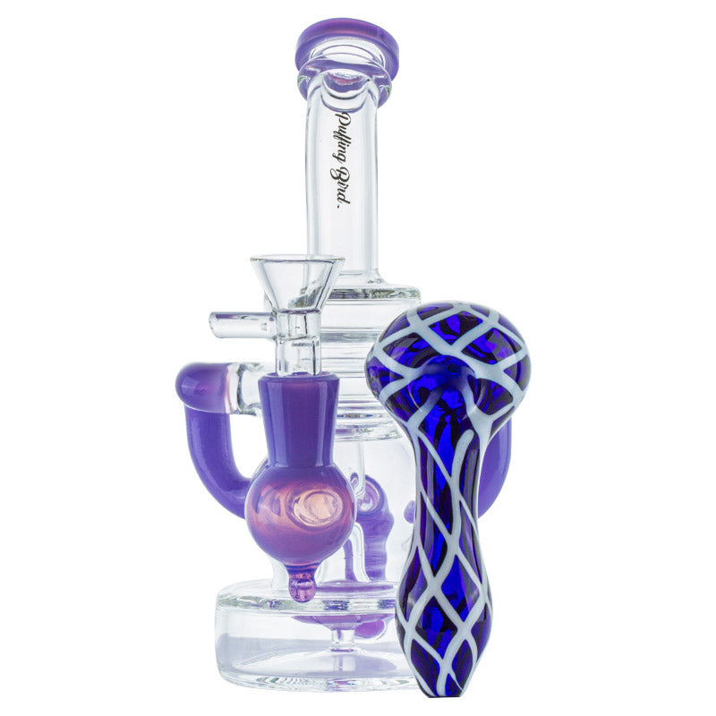 Recycler Showerhead Dab Rig w/ Blue Glass White Stripes Set
