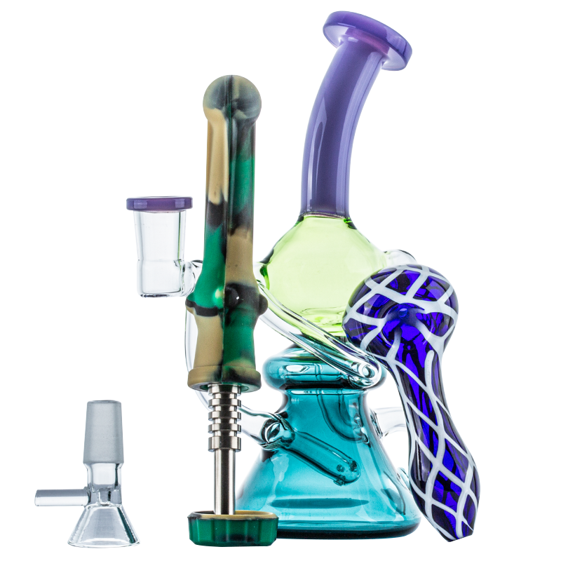 Colored Recycler Glass Dab Rig w/ Blue Pipe w/ Nectar Collector Set