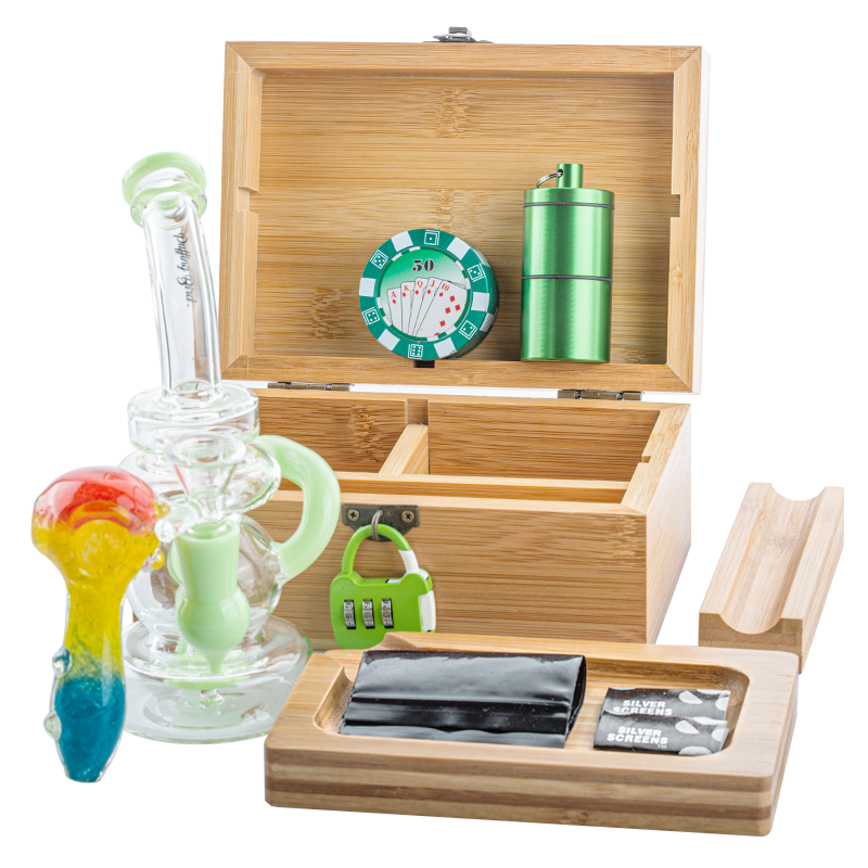 Wooden Stash Box Lock w/ Recycler Dab Rig Glass Pipe Set