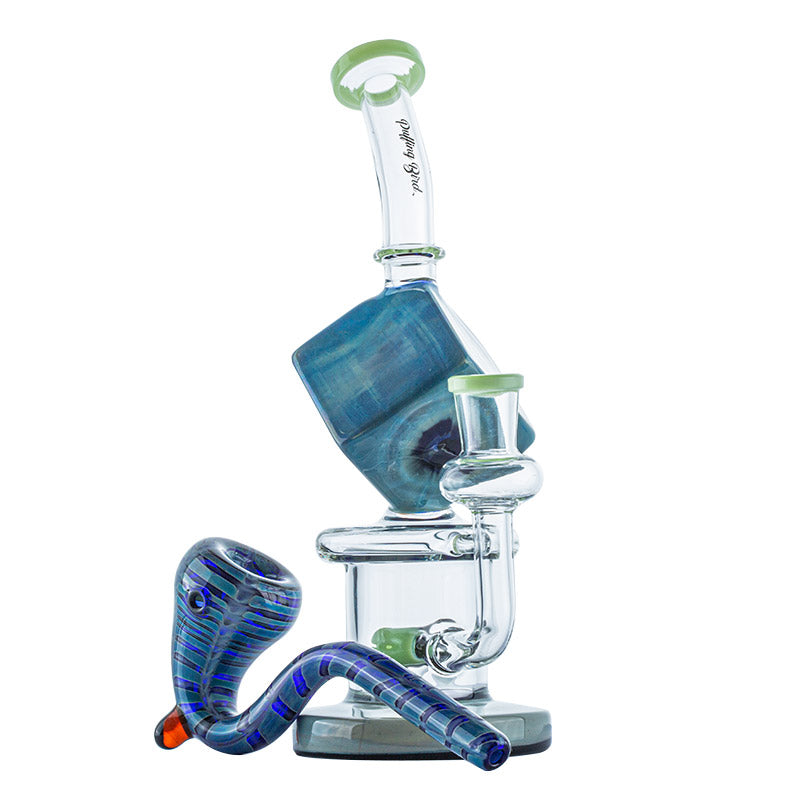 Blue Cube Glass Dab Rig w/ Blue Wrap Sherlock Pipe Set