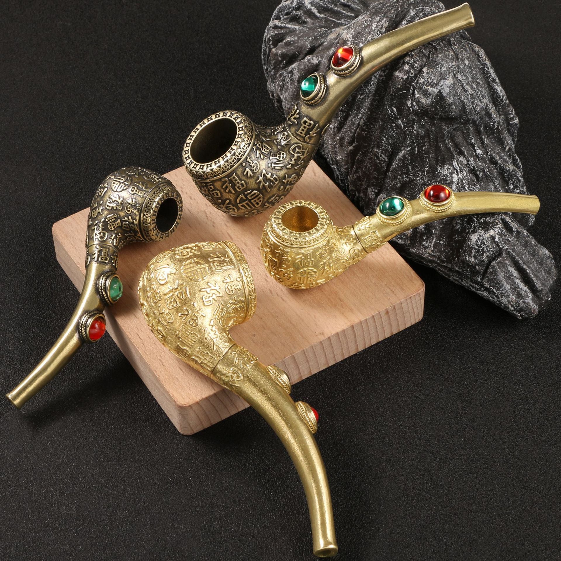 Chinese Characters Relief Brass Gemstone Inlaid Sherlock Pipe