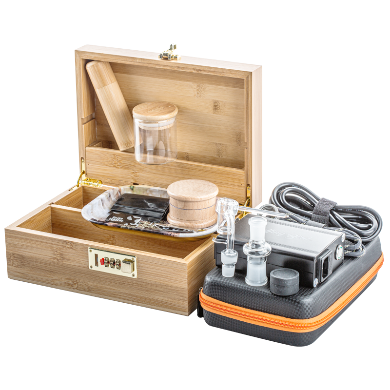 Bamboo Stash Box Combo w/ Quartz Enail Bundle Dab Kit