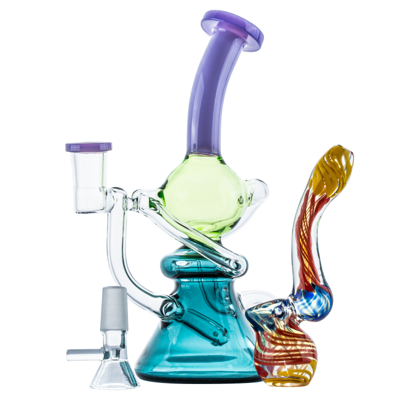 Colored Recycler Glass Dab Rig w/ Spiral Color Sherlock Bubbler Set