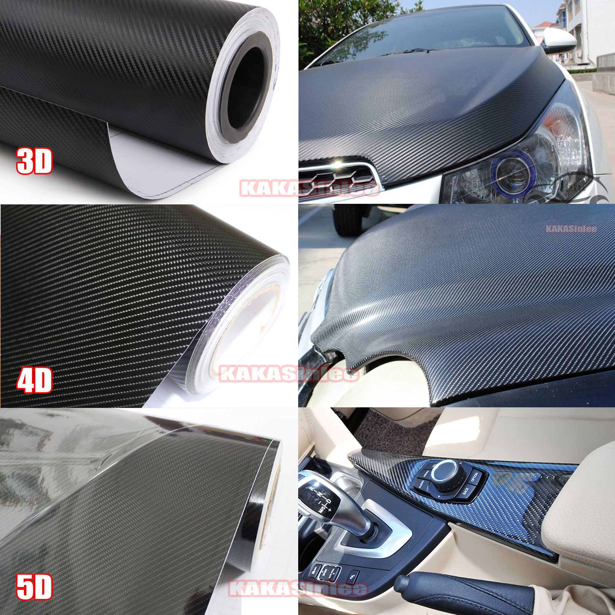 Stretch Car Wrap 3D 4D 5D Carbon Fiber Vinyl Sticker Bubbles Free Black
