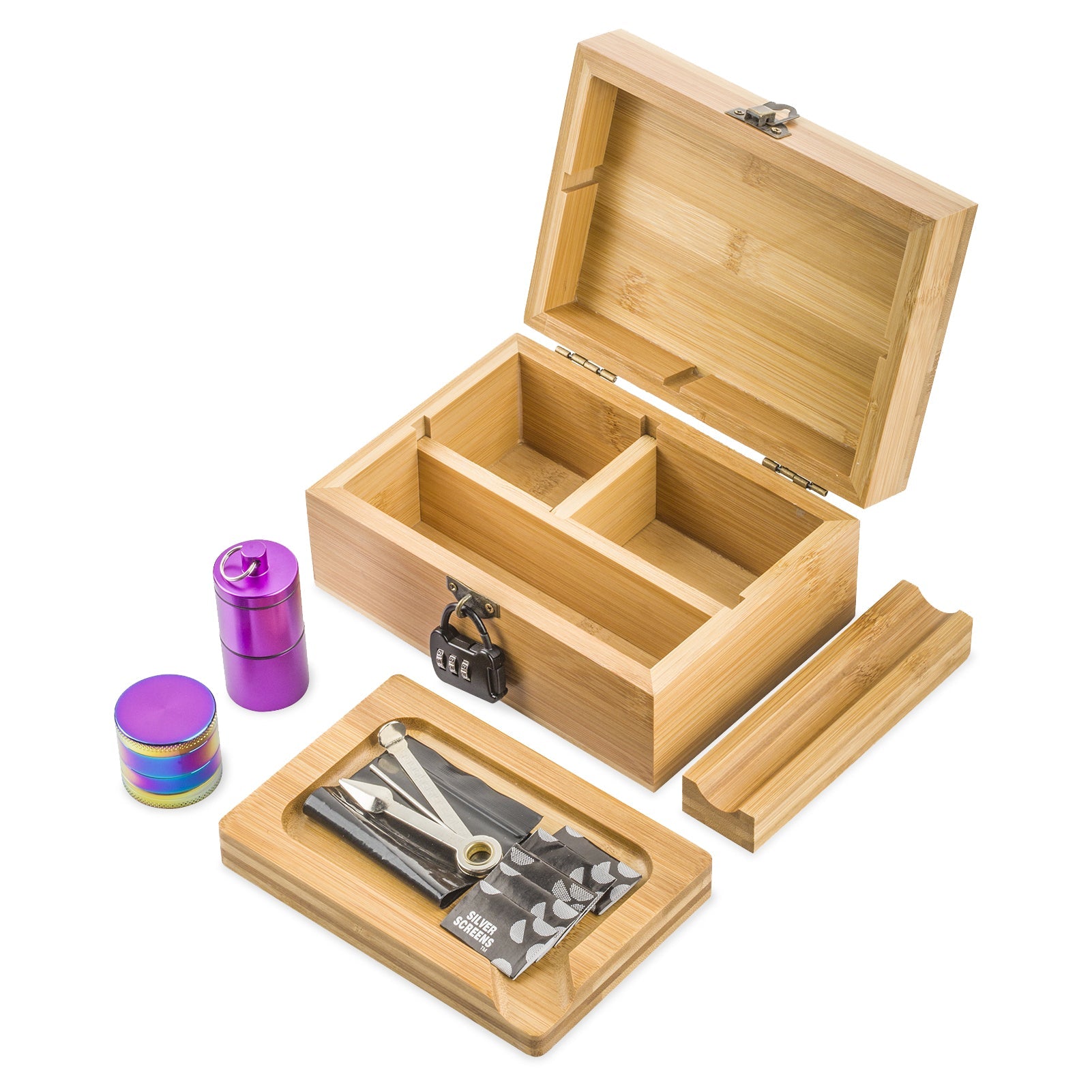 Wooden Stash Box Lock w/ Fumed Glass Pipe Quartz Banger Set - PuffingBird CA