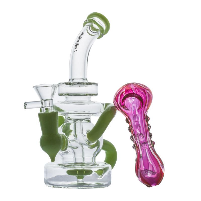 Green Recycler Dab Rig and Pink Girly Fumed Glass Pipe Set - PuffingBird CA