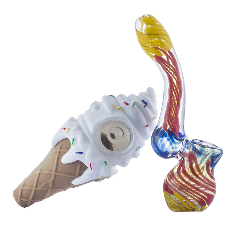 Ice Cream Silicone Pipe w/ Spiral Color Sherlock Bubbler Set - PuffingBird CA