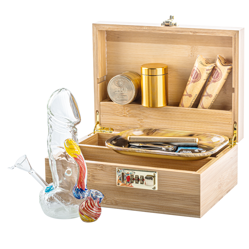 Bamboo Stash Box Combo w/ Penis Bong Sherlock Bubbler Set - PuffingBird CA