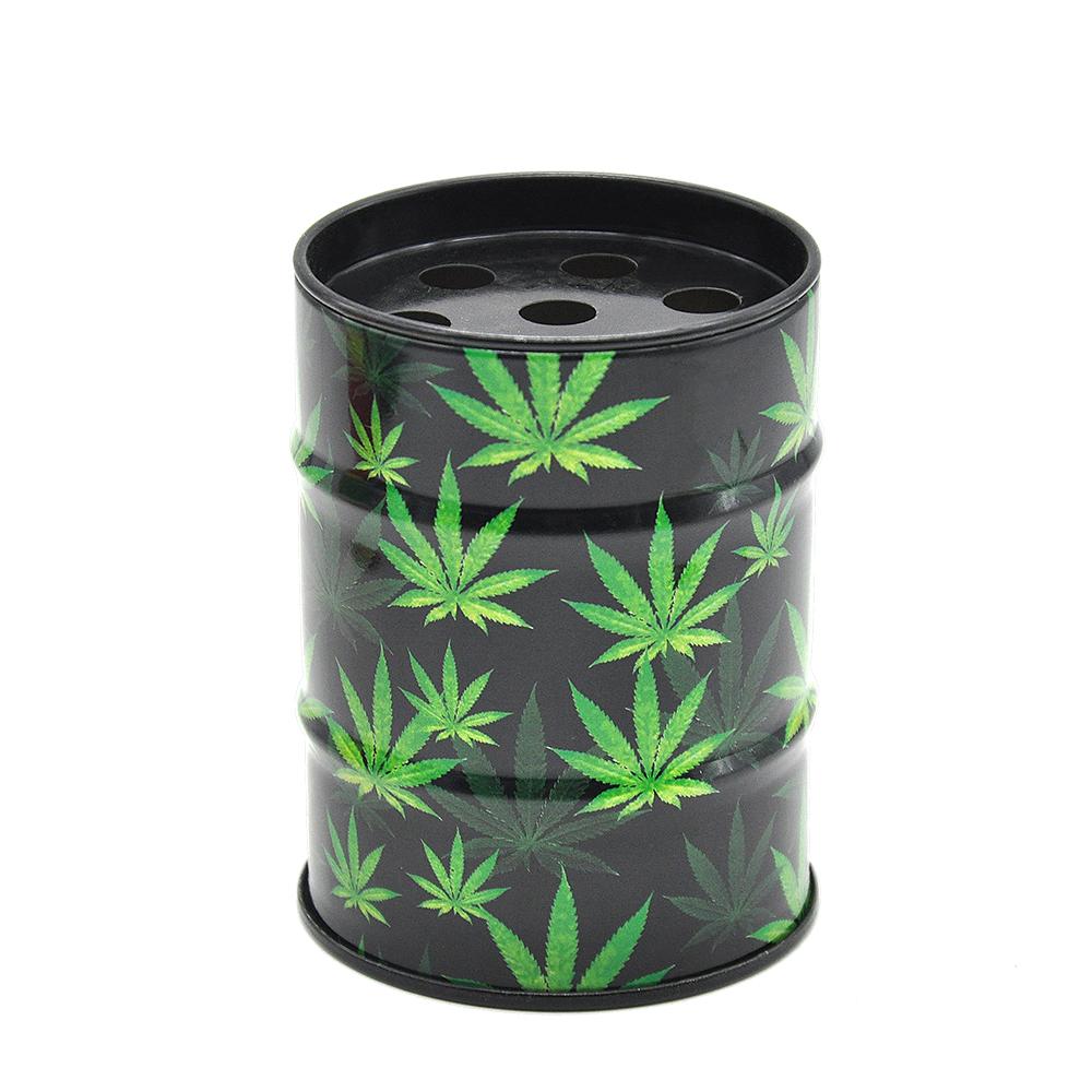 Marijuana Leaves Oil Drum Shaped Tin Ashtray - PuffingBird CA