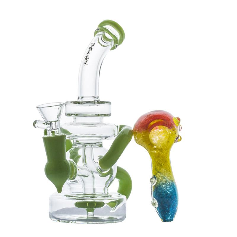 Green Recycler Dab Rig and Three-Toned Dichroic Glass Pipe Set - PuffingBird CA