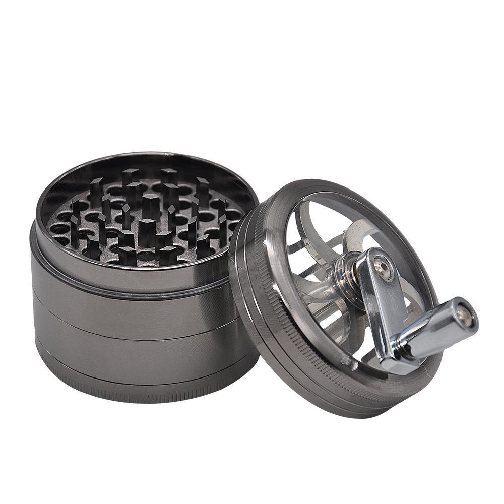 Crank Herb Grinder With Handle Zinc Alloy 4 Layer 63MM (2 Color) - PuffingBird CA