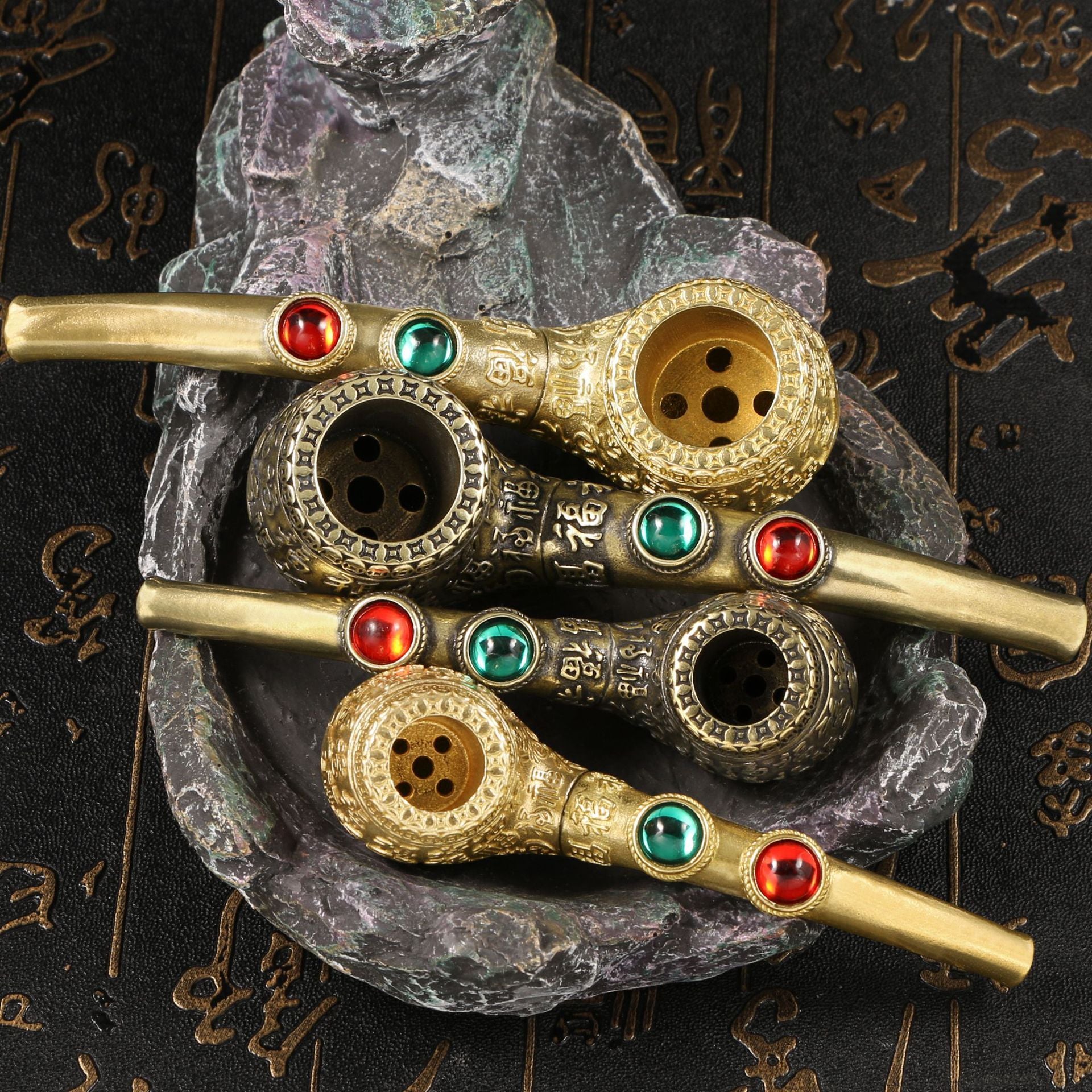 Chinese Characters Relief Brass Gemstone Inlaid Sherlock Pipe - PuffingBird CA