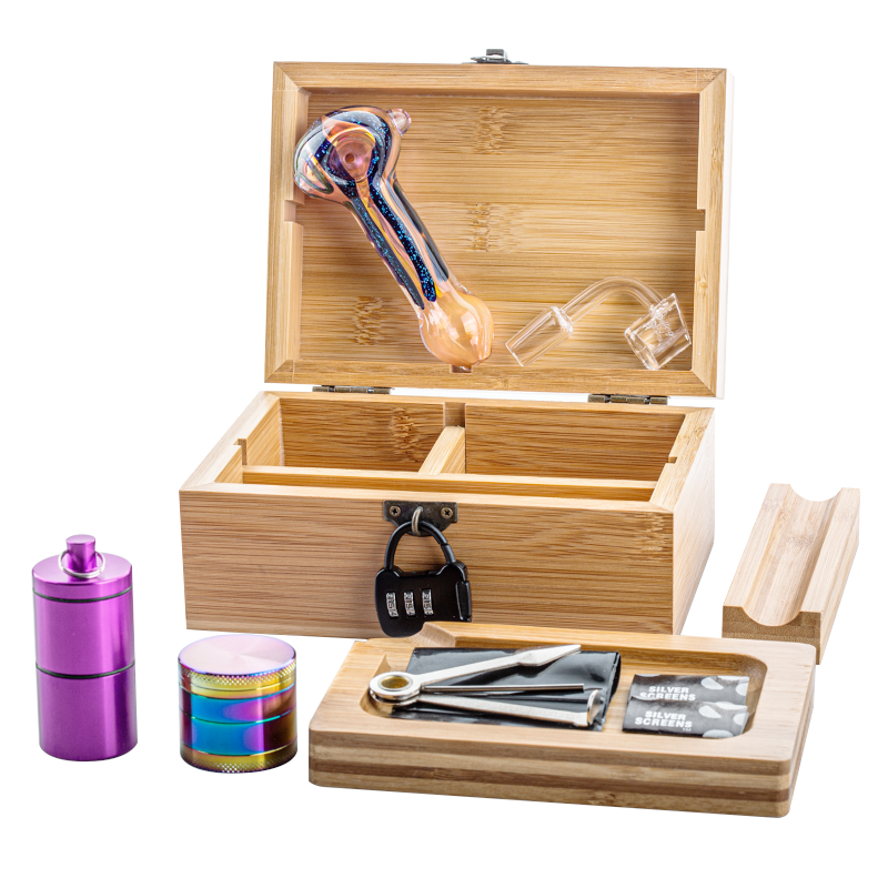 Wooden Stash Box Lock w/ Fumed Glass Pipe Quartz Banger Set - PuffingBird CA