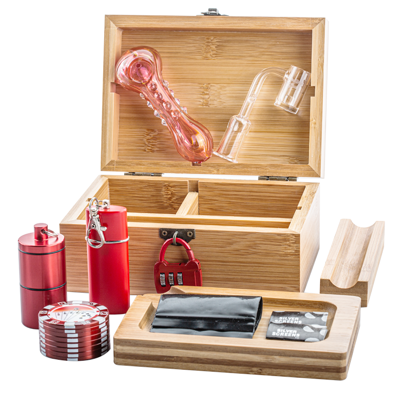 Wooden Stash Box Lock w/ Pink Glass Pipe Quartz Banger Set - PuffingBird CA