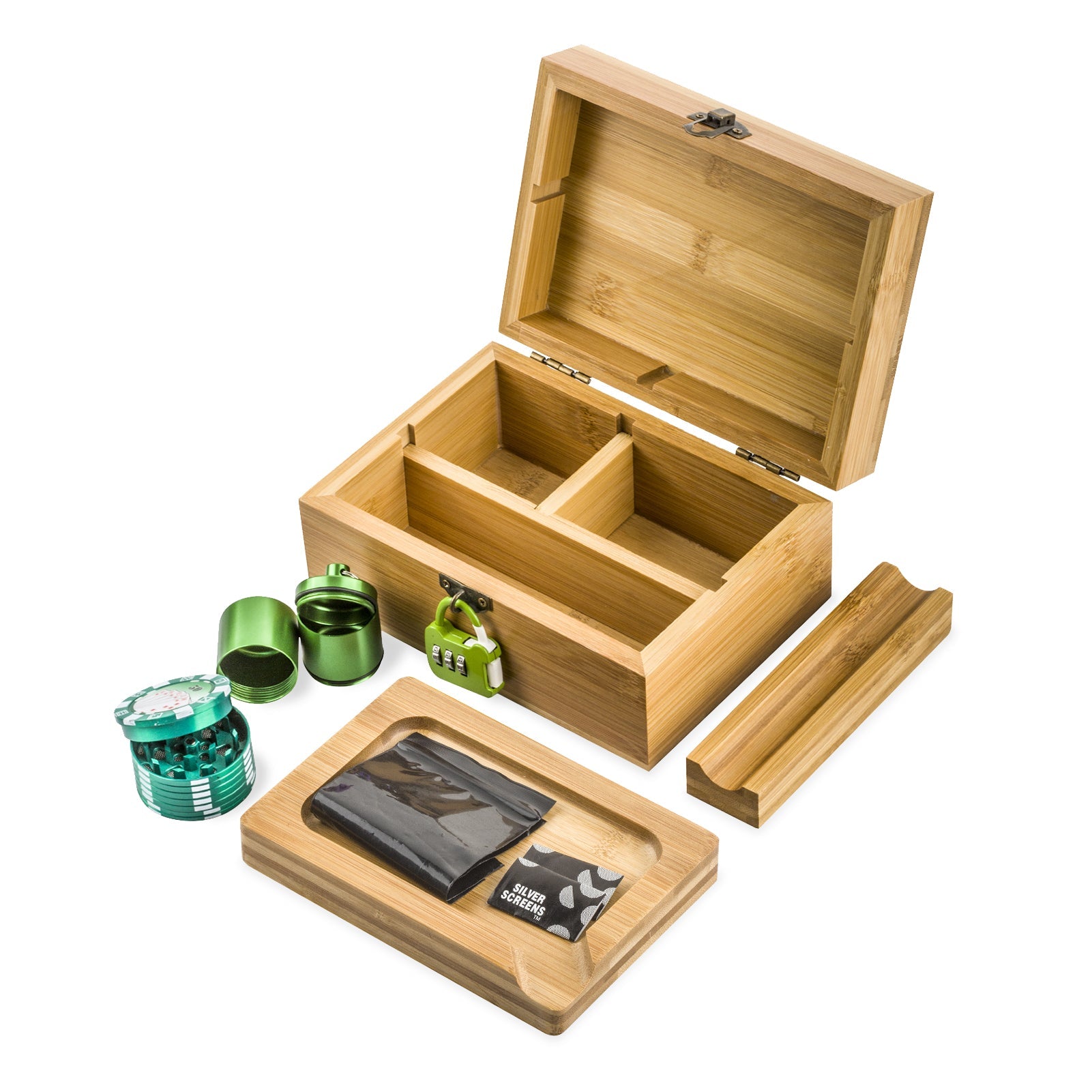 Stash Box Lock Green w/ Glass Pipe Silicone Hitter Chillum Set - PuffingBird CA
