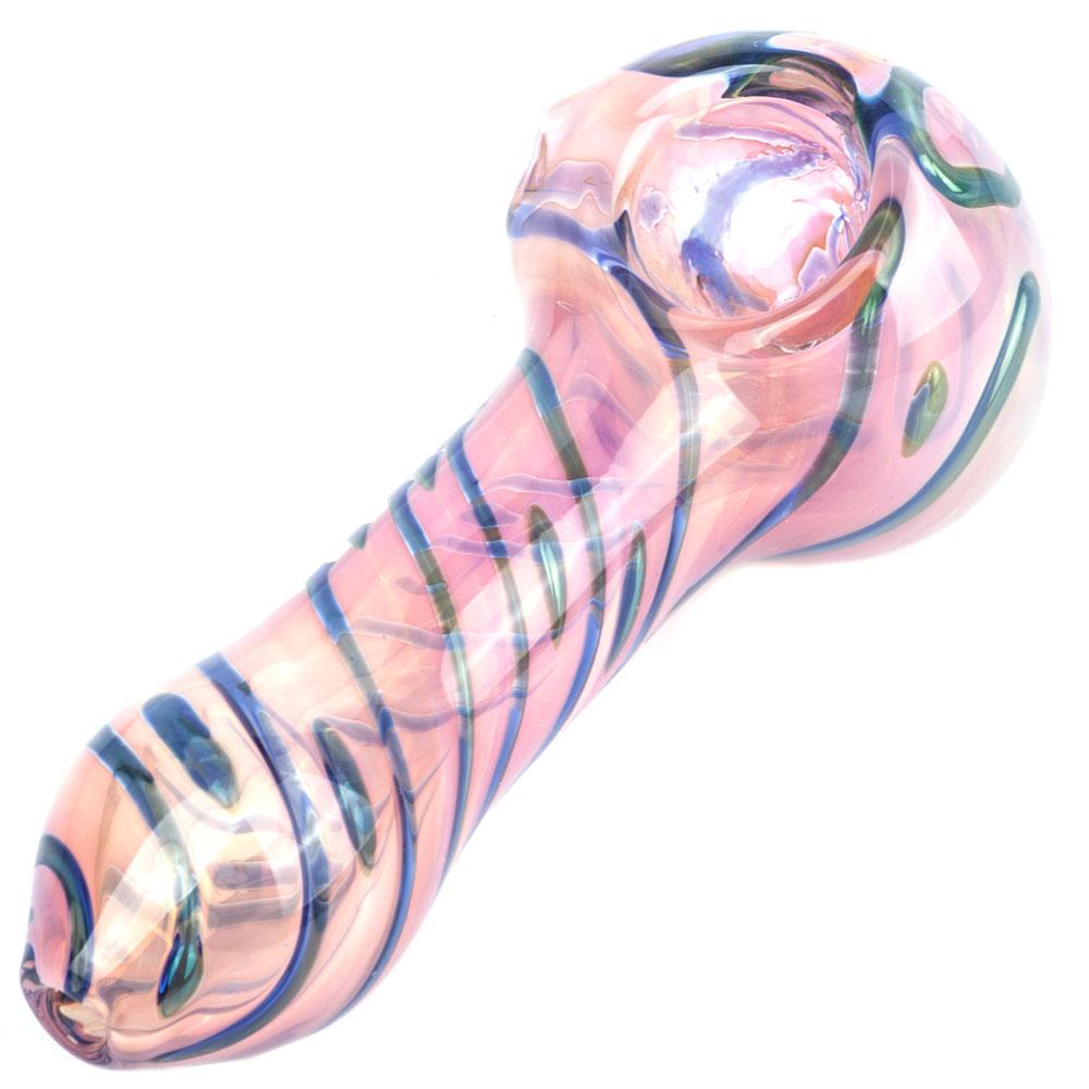 Fumed Pink Glass Pipe W/ Strip Patterns - PuffingBird CA